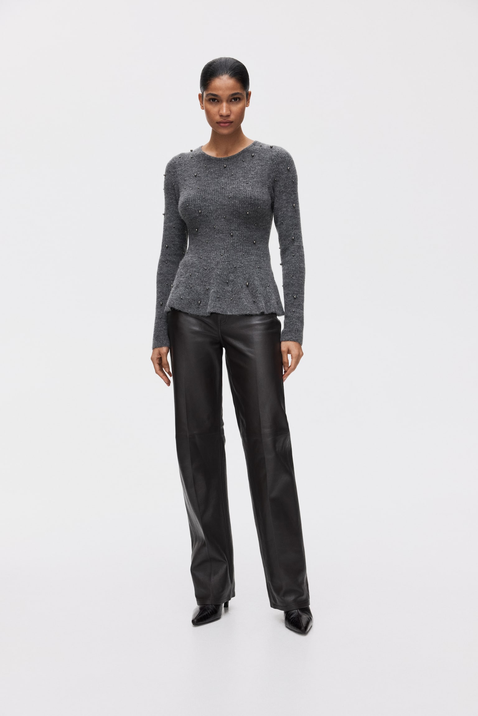 חולצת פפלום מעוטרת בחרוזים - אפור מלאנז'/בורדו/קרם - 4