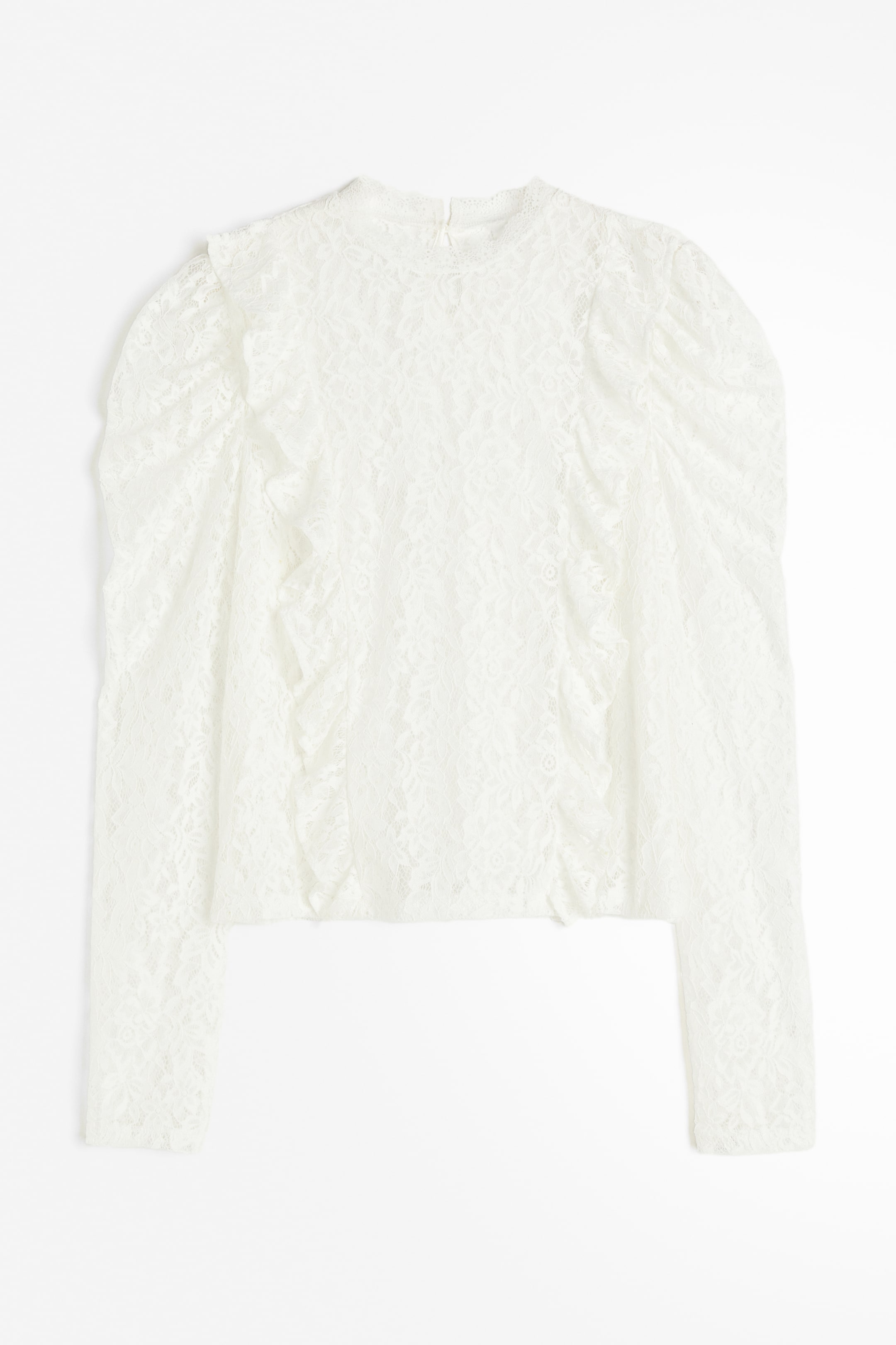 Ruffle-trimmed Puff-sleeved Lace Top