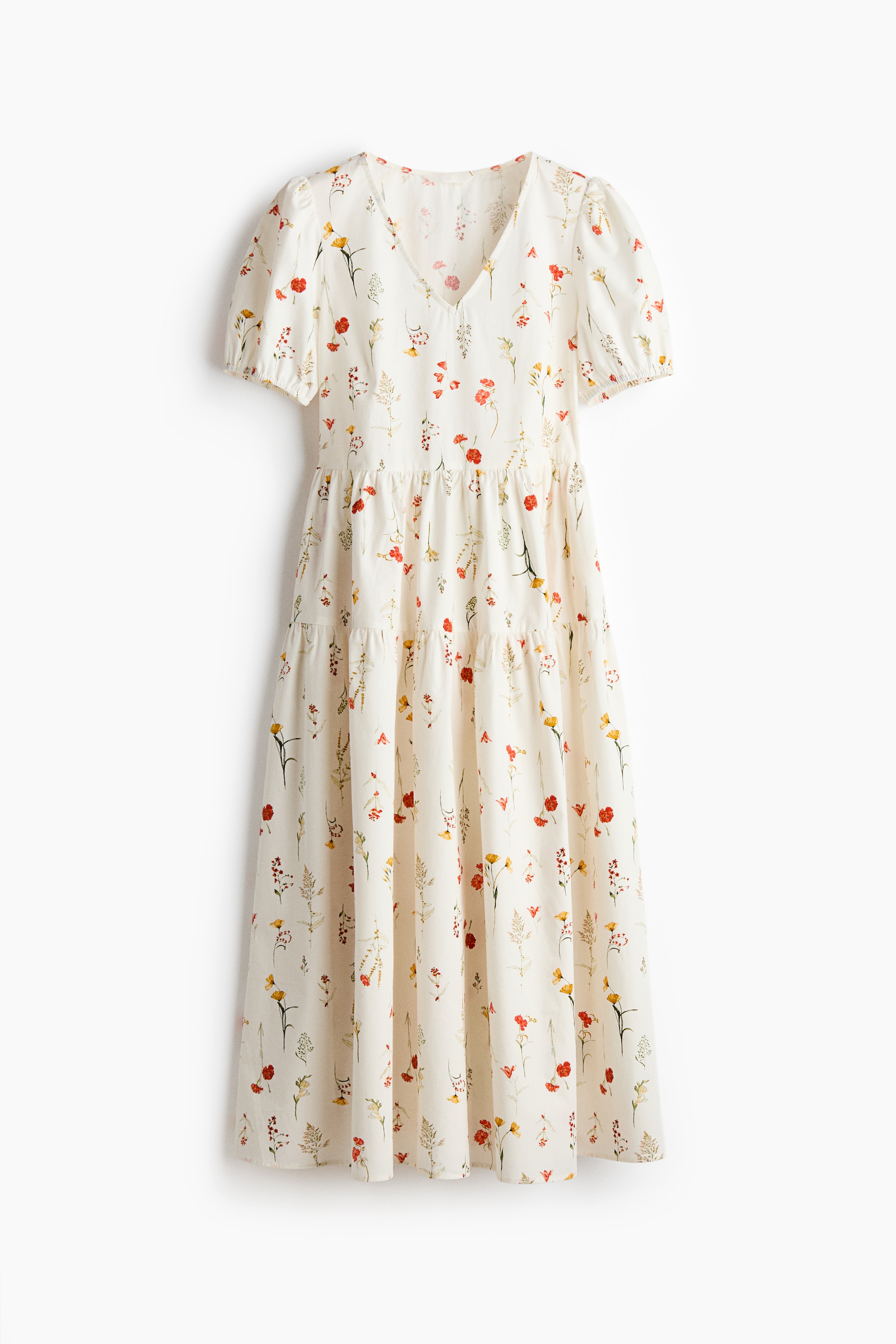 Tiered Cotton Dress - White/floral/Dusty blue/Black