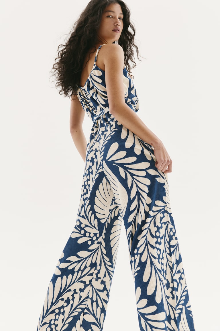 Pants White Blue Jumpsuit LINEN BLEND LONG JUMPSUIT Blue White