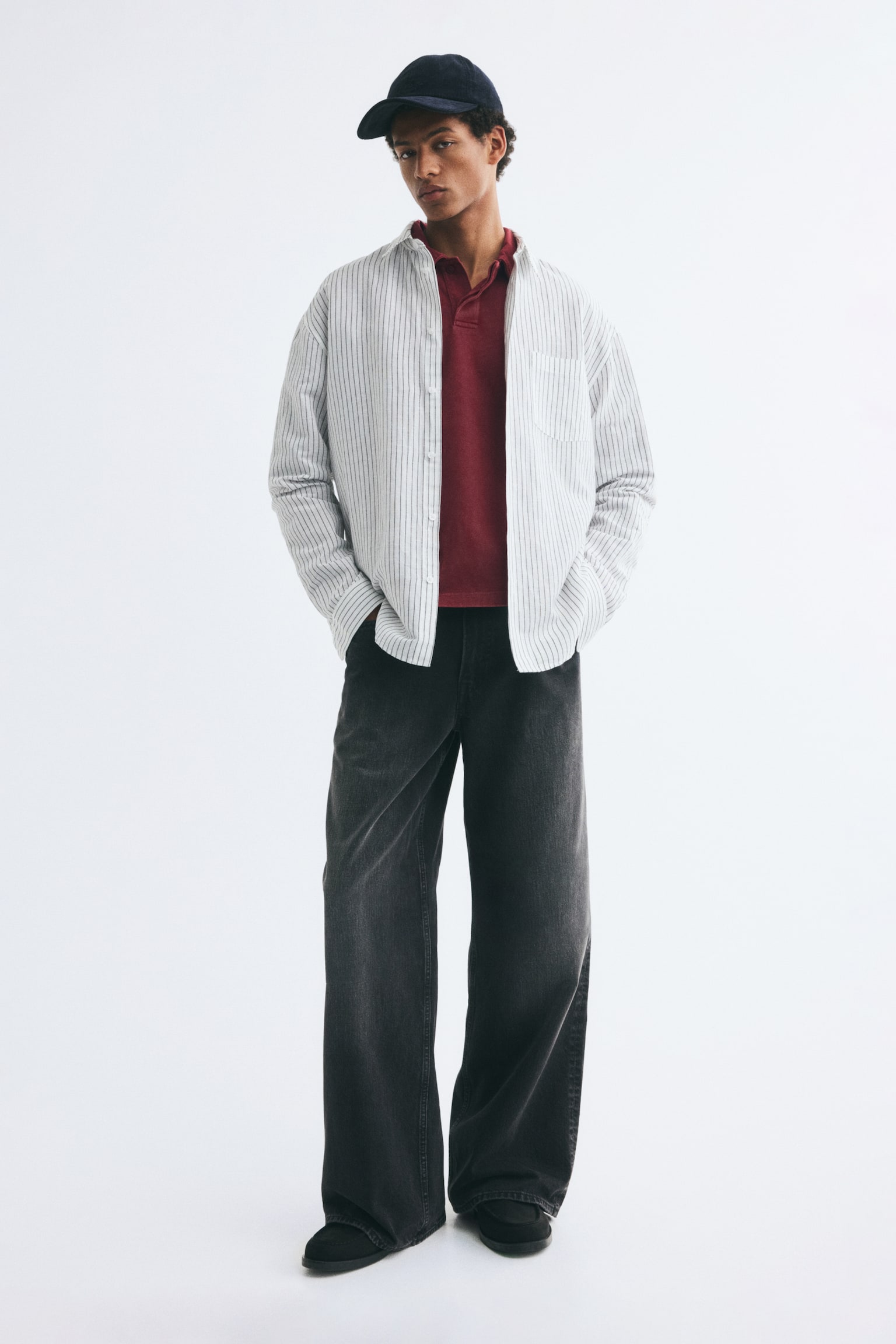 Мужское поло H&M Oversized Long-Sleeved Polo Shirt, цвет: Бордовый — фото 3
