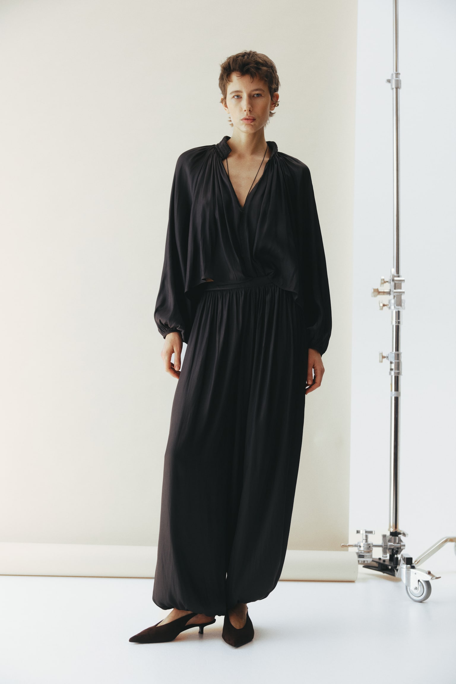 Oversized V-neck blouse - Dark brown - 6