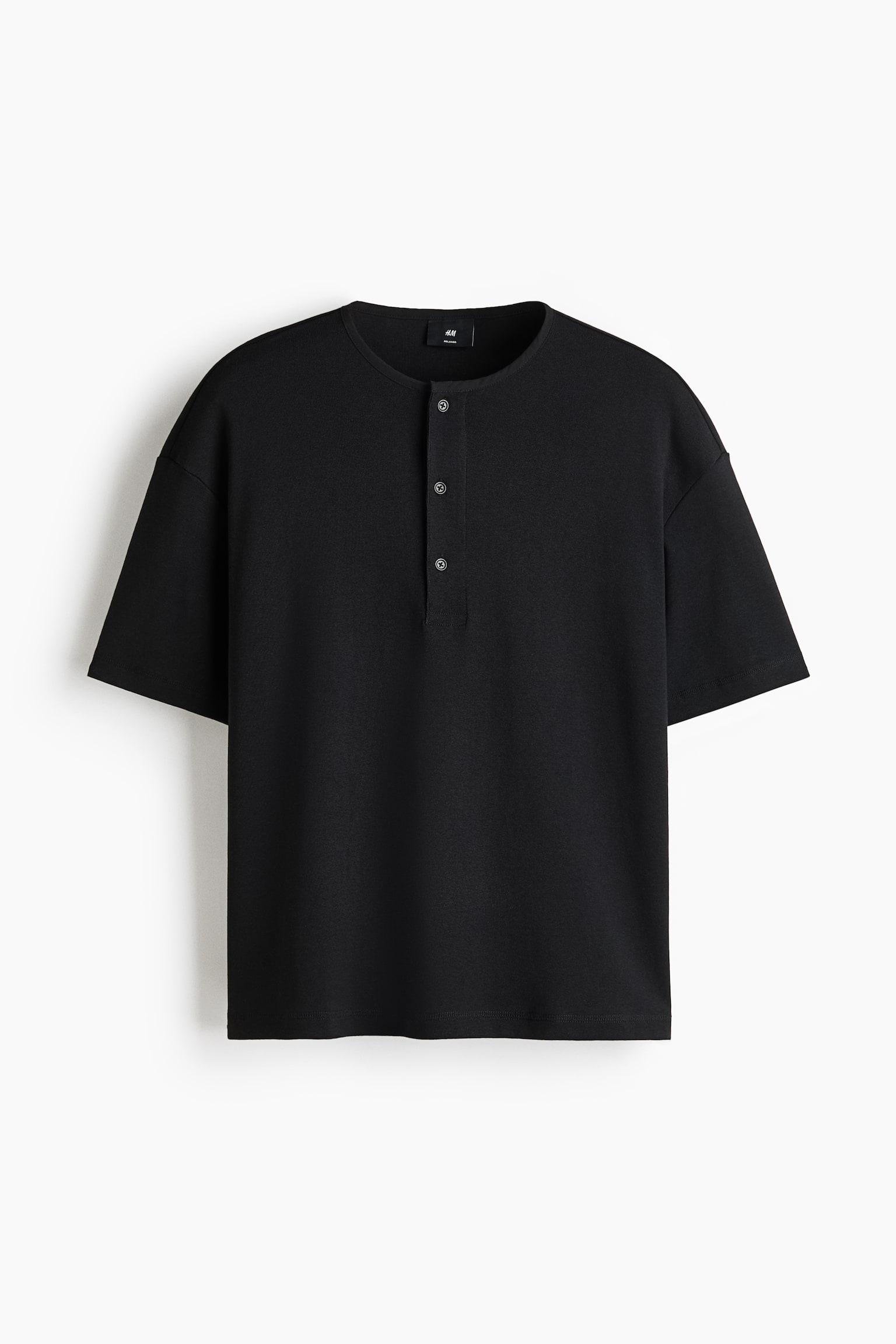 A black short-sleeved Henley shirt is facing front, featuring a round neck and a four-button placket. The textured fabric shirt is displaying a relaxed fit. - 1