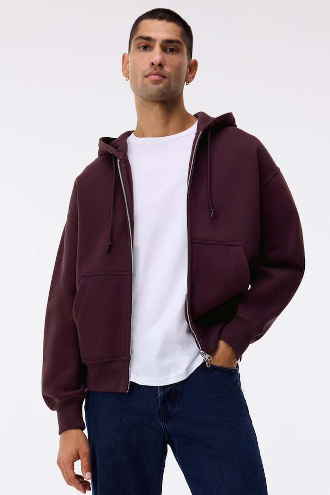 Oversized Fit Hooded Jacket - Burgundy/Black/Dark beige - 2
