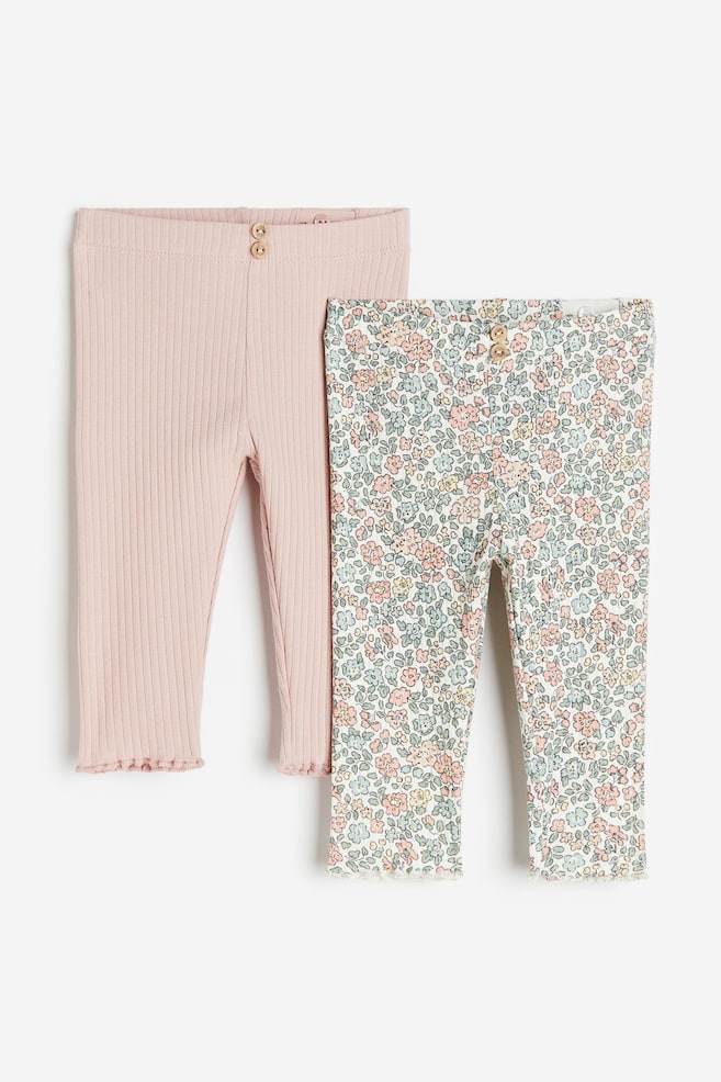 2-pack ribbed leggings - Light pink/Floral/Light beige/Flowers/White/Floral - 1