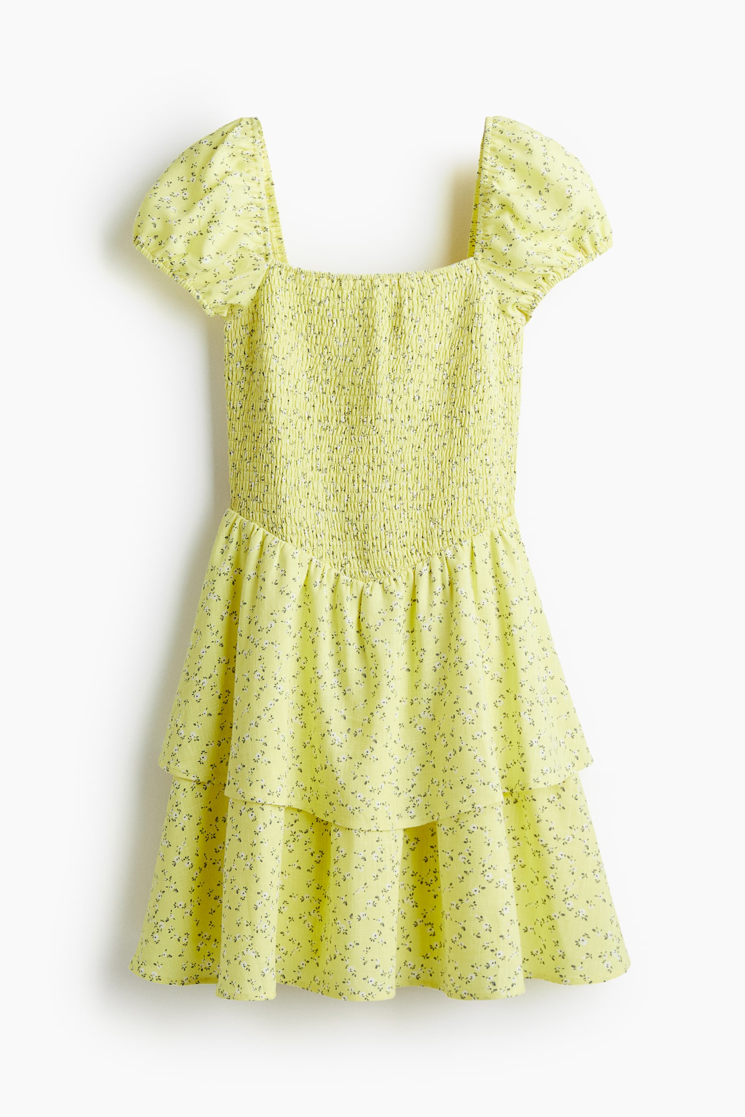 Tiered Skirt Smocked Dress - Yellow/Floral/Light beige/Black/White/Cream/Floral - 2