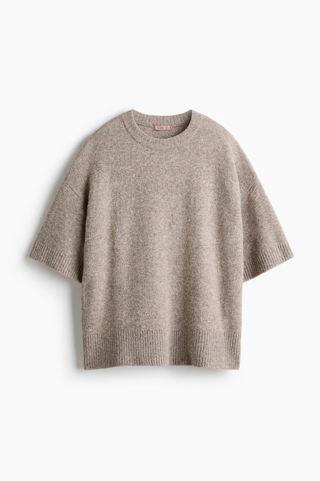 Knit T-Shirt - Taupe melange/Light beige/Navy blue/Burgundy - 1