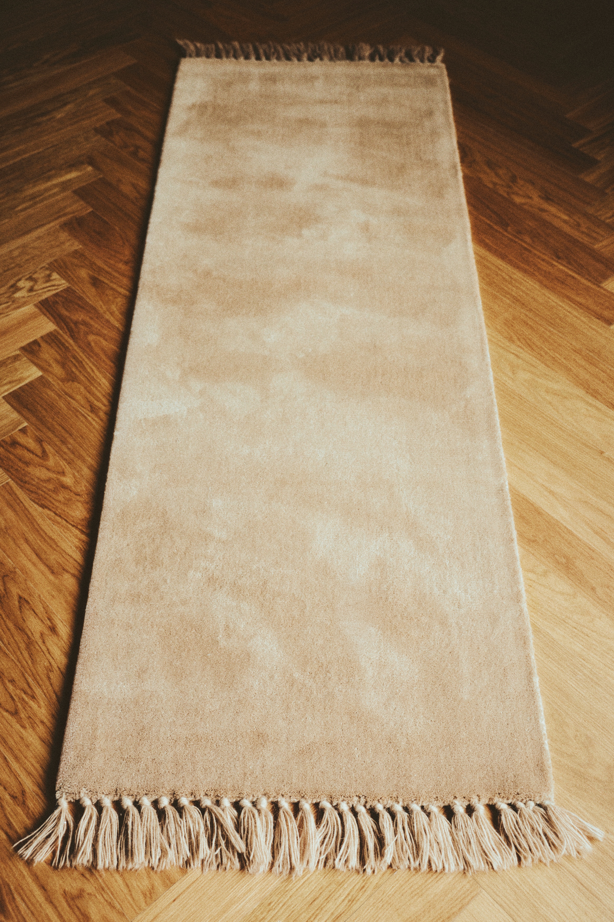 Een rechthoekig beige loperkleed wordt van voren weergegeven, met een zachte, pluizige textuur en een effen kleur. Het kleed heeft bijpassende beige franjes langs beide korte zijden.
