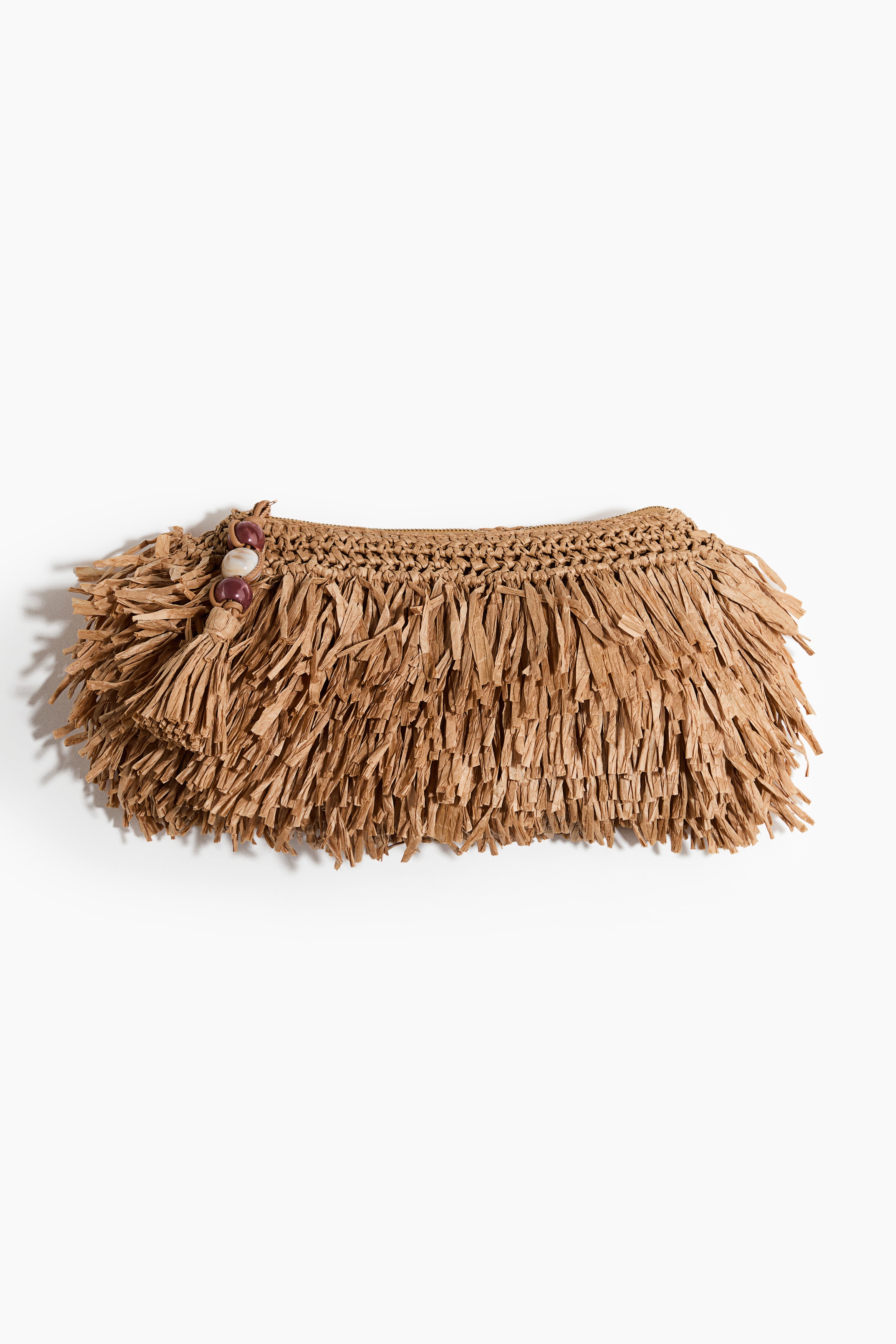 Bolso clutch de paja con flecos - Beige
