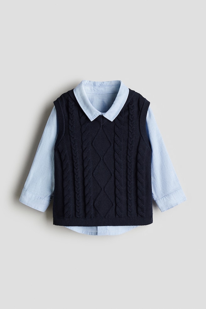 Shirt & Knit Vest Set - Navy blue/Light blue/Light grey/Argyle pattern - 1