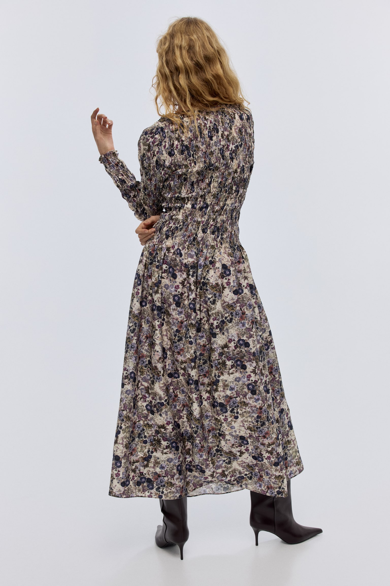 Smocked dress - Light beige/Floral/Black - 3