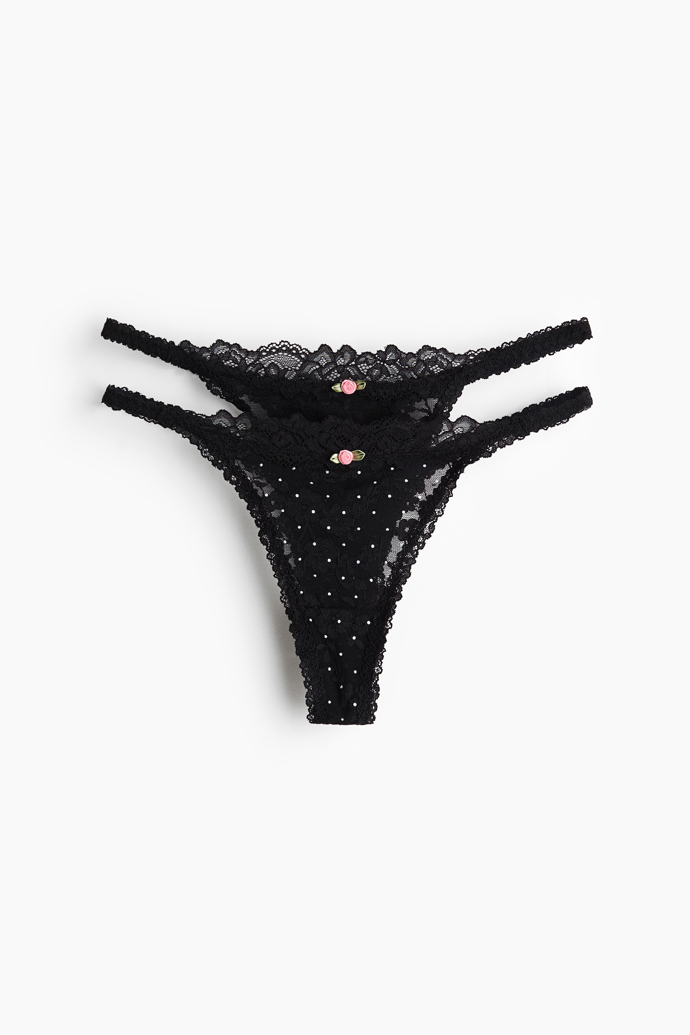 Thong 2件入蕾絲細帶內褲 - 黑色/波卡圓點