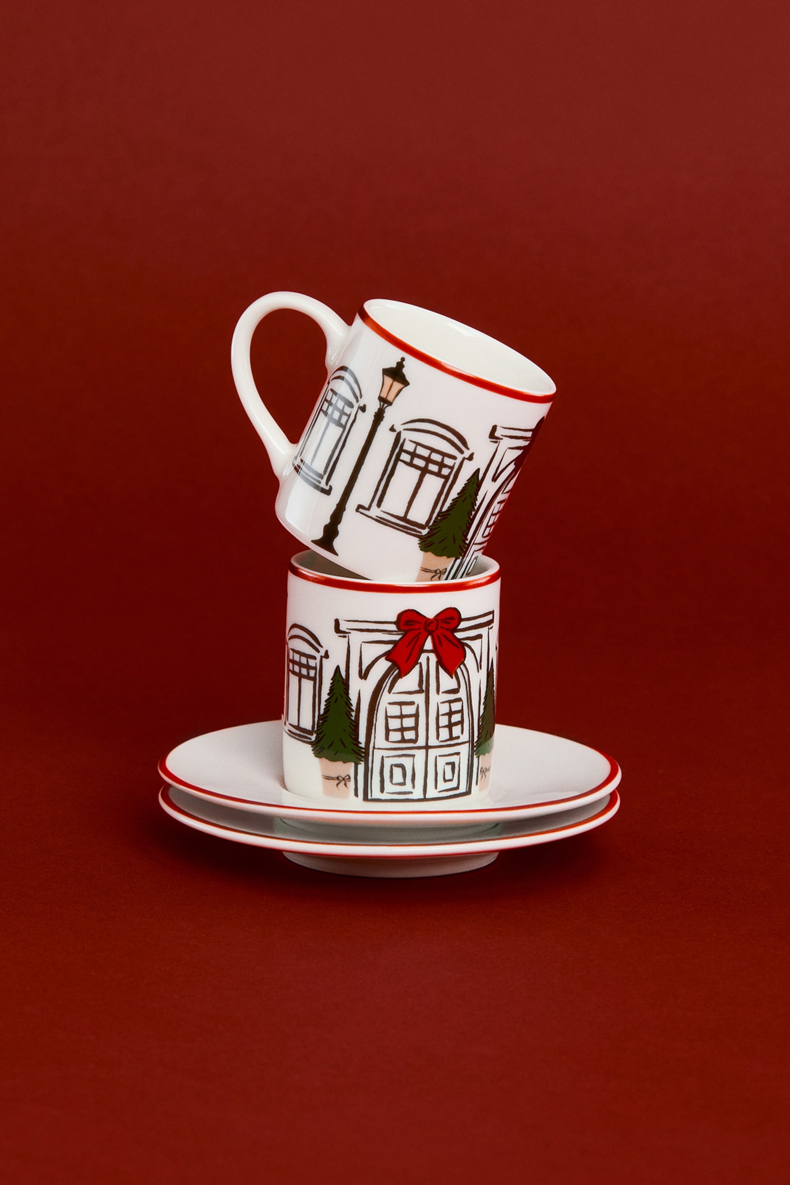 Coffret-cadeau 2 tasses à expresso avec soucoupe - White/House/Rouge/motif de Noël - 1