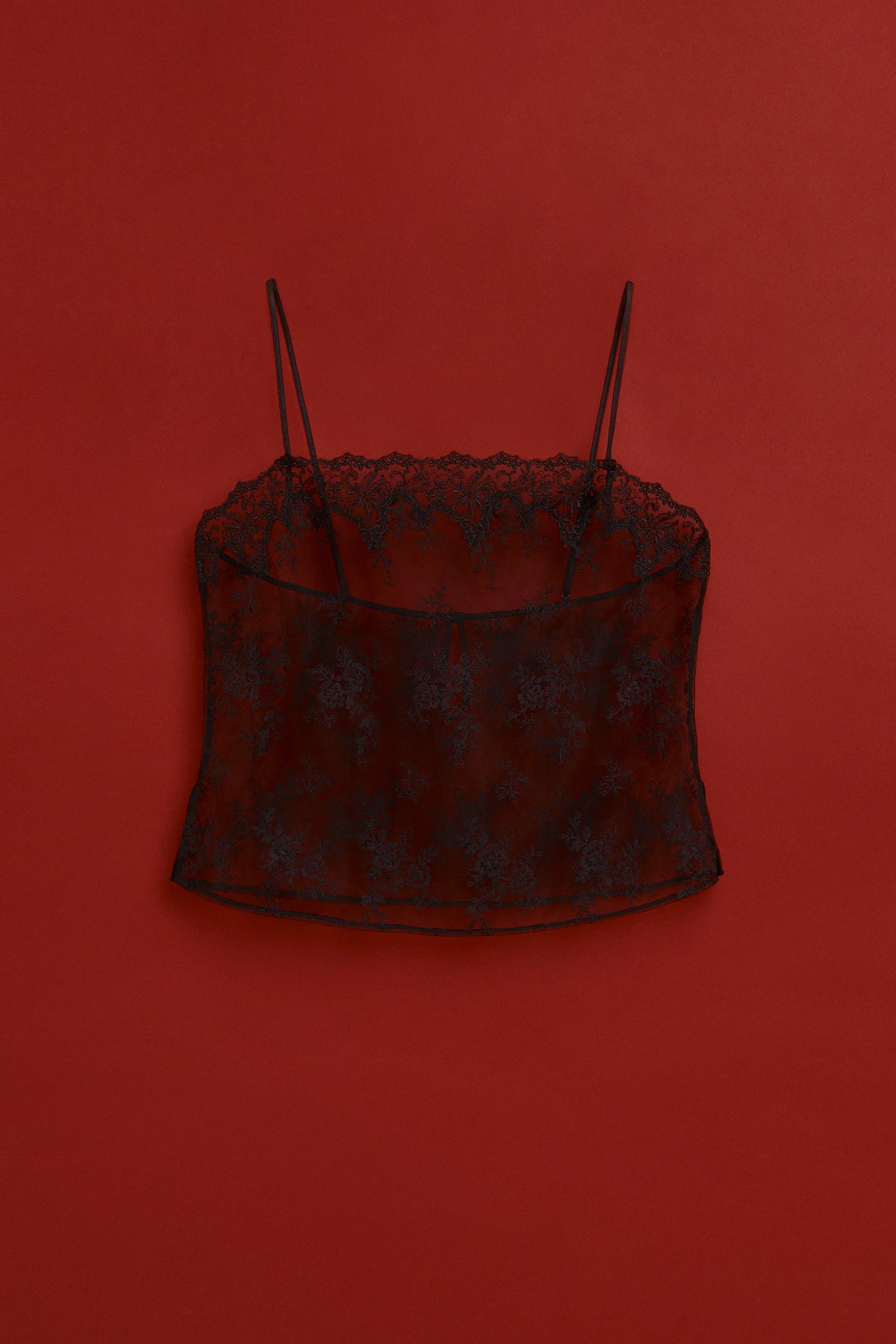 Top à bretelles fines en mesh brodé - Noir - 1