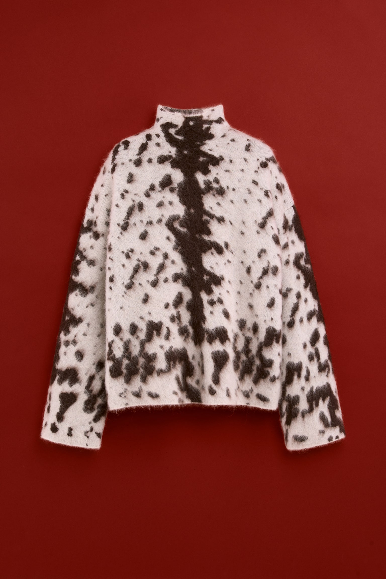 Pull en mohair mélangé avec col cheminée - Crème/imprimé peau de vache - 1