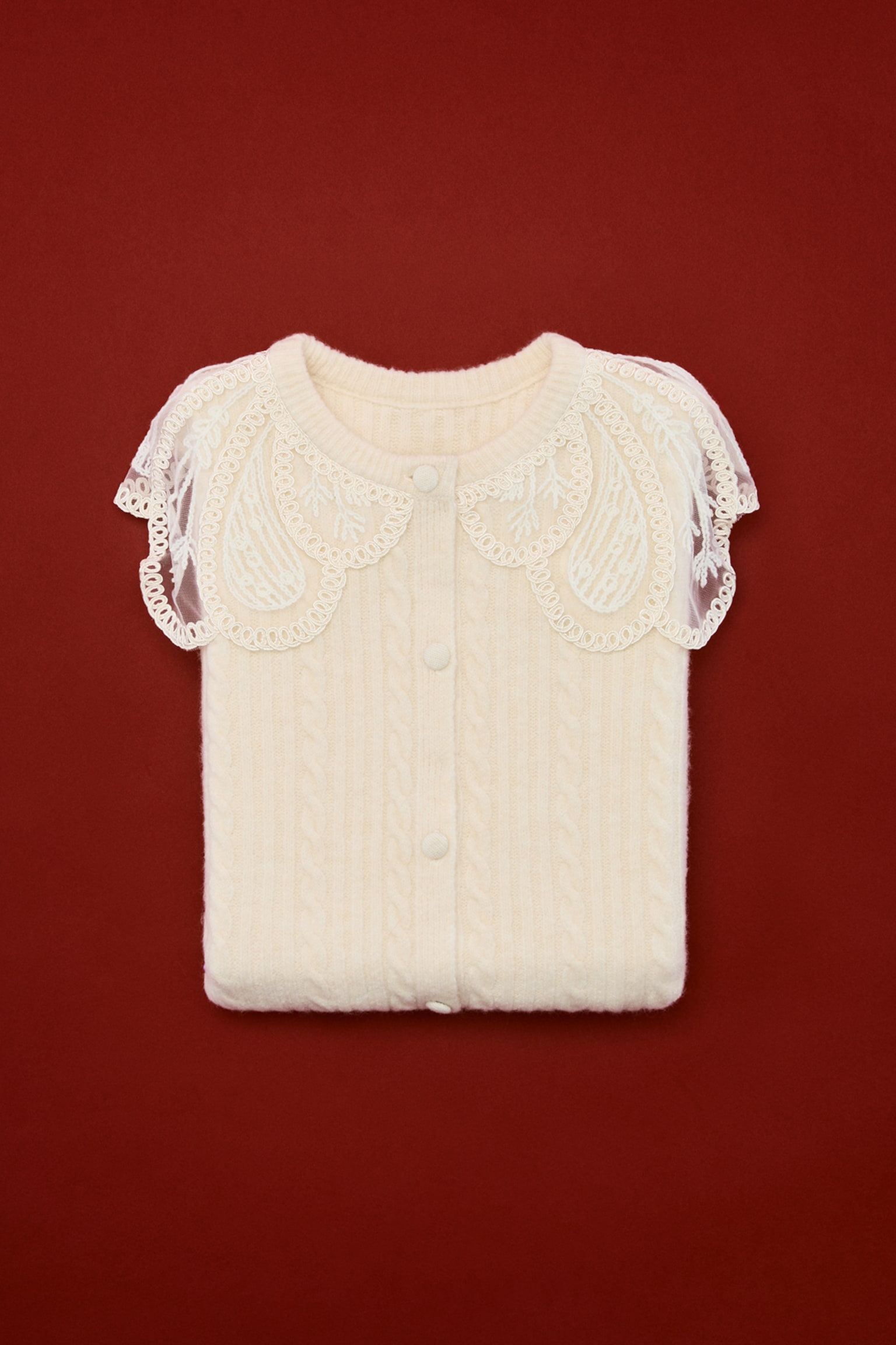 Cardigan med blondekrage - Cream/Sort