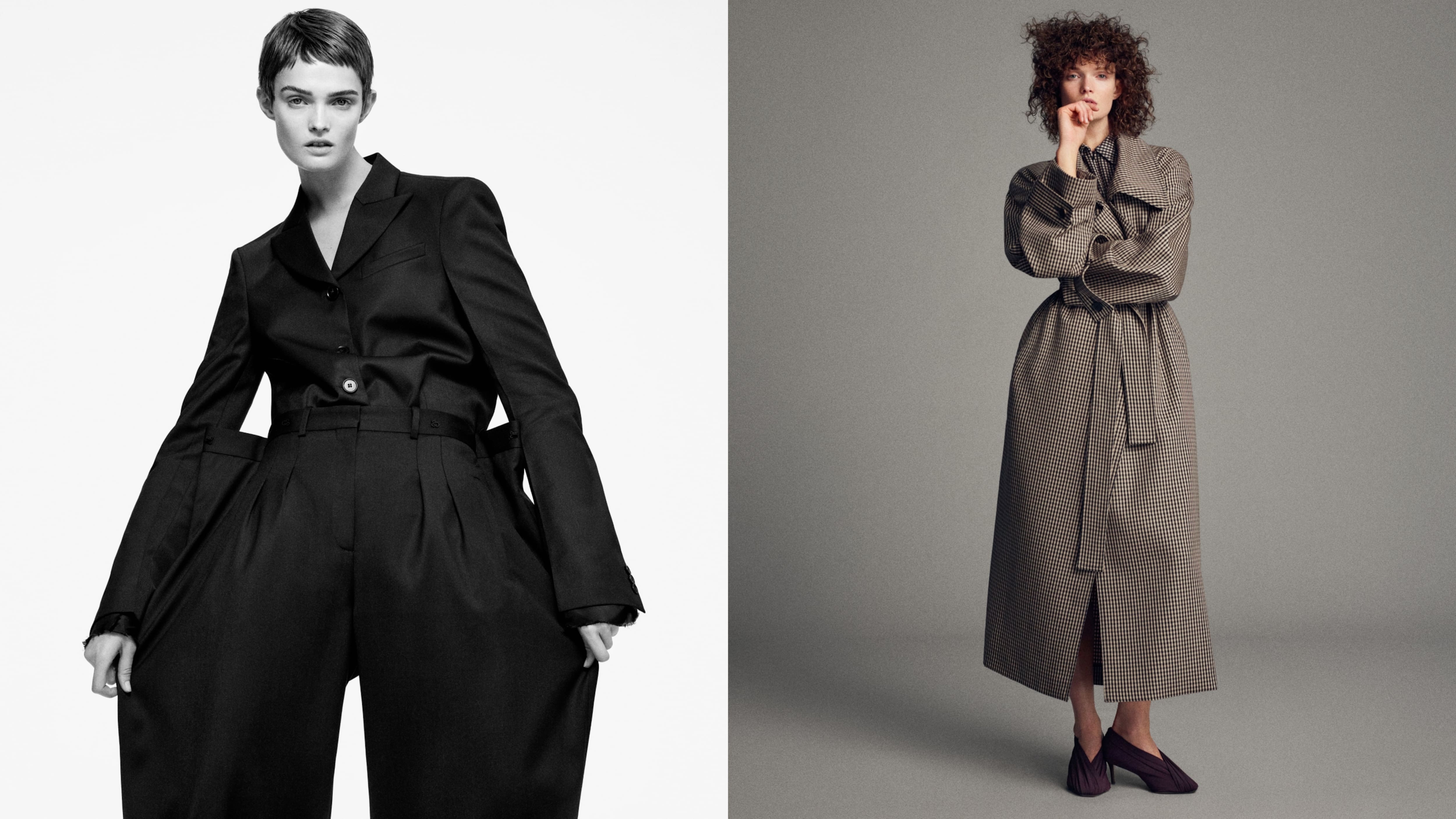  Una modella in un abito rosso scuro asimmetrico con spalla scoperta, abbinato a sandali minimalisti su uno sfondo neutro. Due modelle indossano look sartoriali di H&M Studio SS26: una indossa un blazer nero dal taglio elegante con pantaloni a gamba larga, e l'altra indossa un cappotto a scacchi marrone sopra una gonna midi abbinata, scarpe scure, fotografate su sfondi neutri in studio.