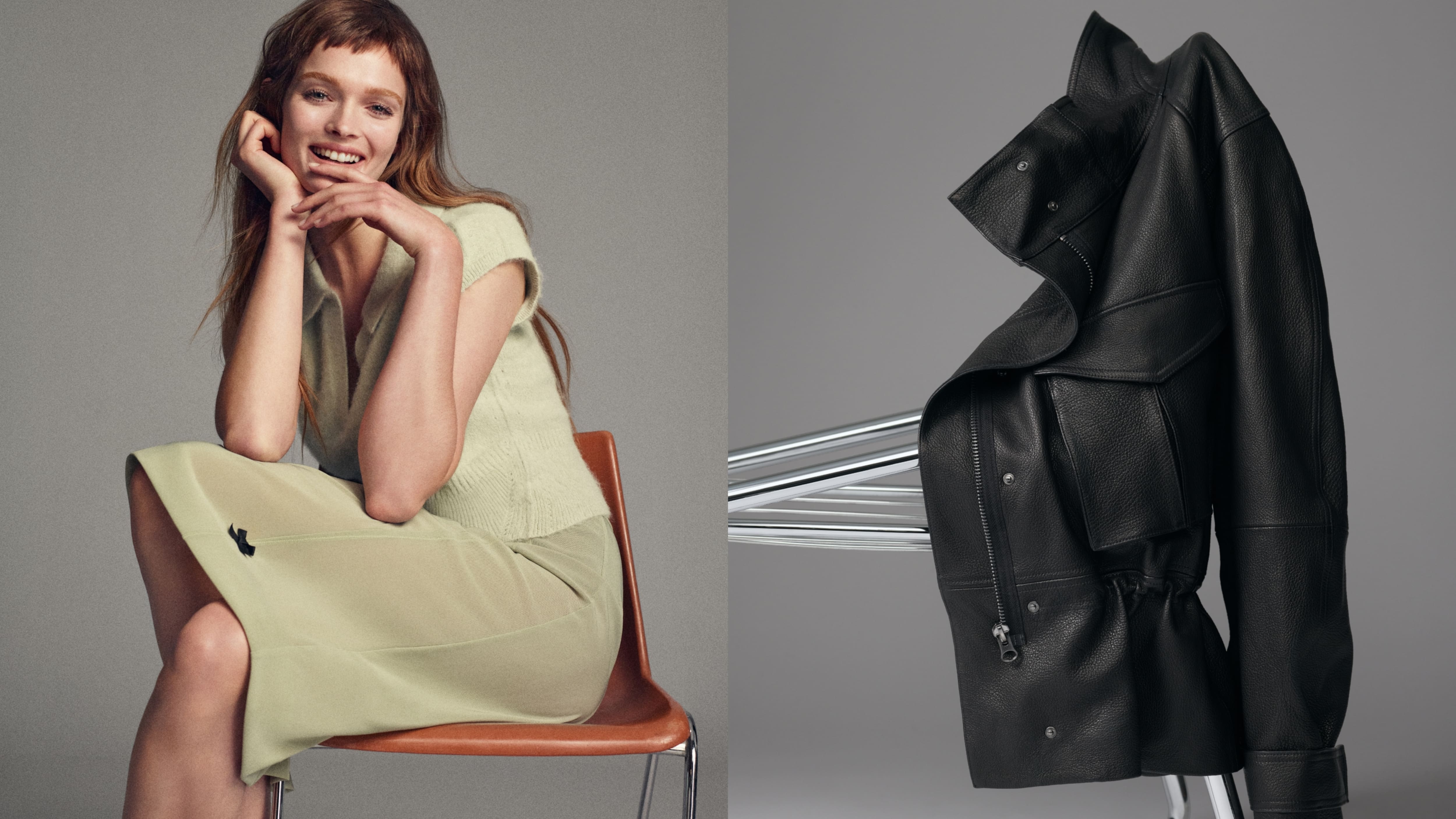  Foto in bianco e nero di una modello che indossa un blazer nero dal taglio elegante, abbinato a pantaloni a gamba larga. Modella seduta che indossa un abito smanicato in un delicato verde pastello con morbide drappeggi e dettagli sulla schiena aperta; accanto, una giacca in pelle nera scultorea esposta su una sedia trasparente, con pieghe pronunciate e bordi grezzi su uno sfondo neutro in studio.