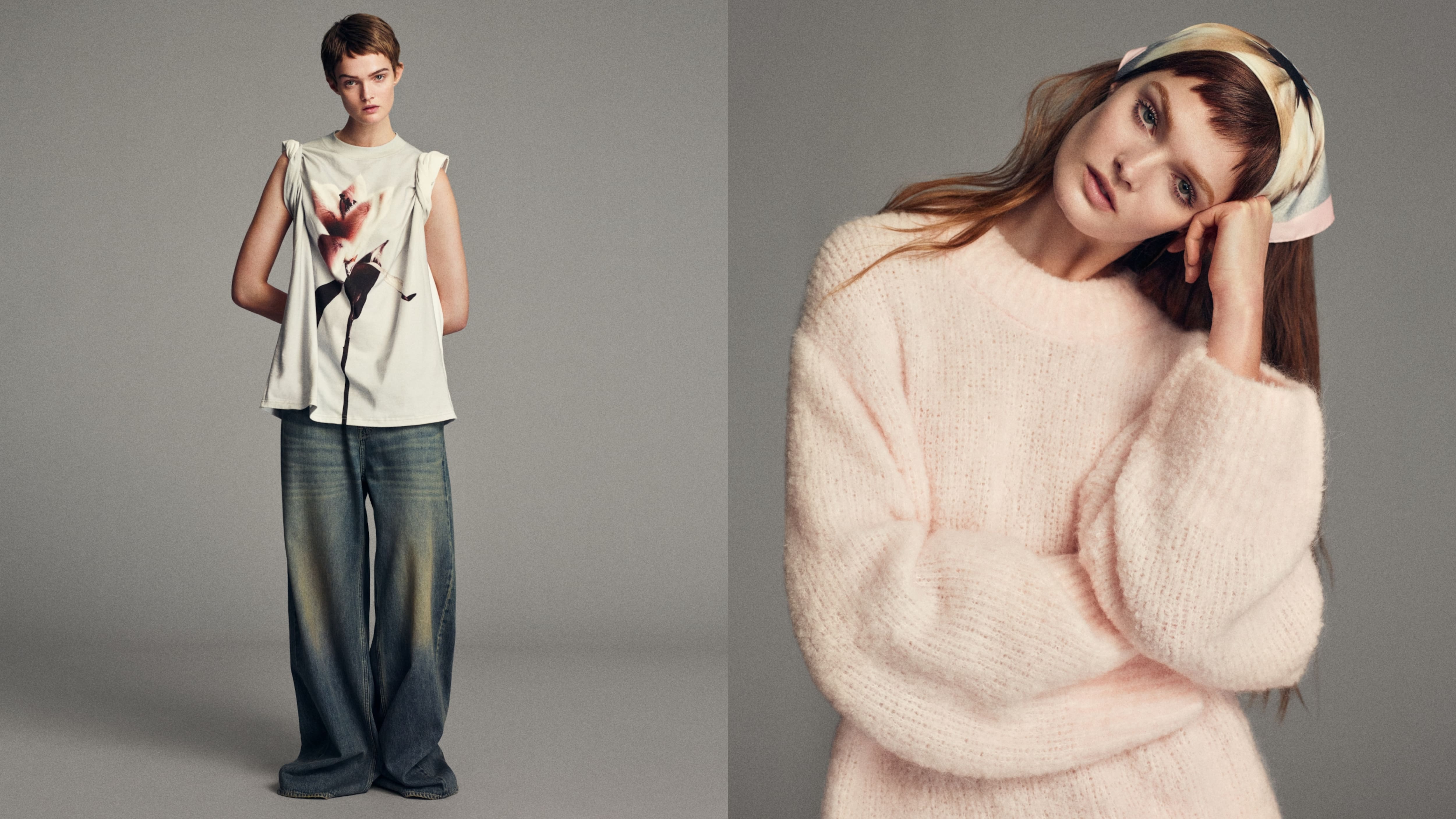   Primo piano di una modella in un morbido maglione rosa pallido con una fascia abbinata in testa, fotografata su uno sfondo neutro in studio. Modella che indossa un top bianco senza maniche con una stampa floreale astratta abbinata a jeans a gamba larga; accanto, un primo piano di una modella in un morbido maglione rosa pallido con una fascia abbinata in testa, fotografata su uno sfondo neutro in studio.