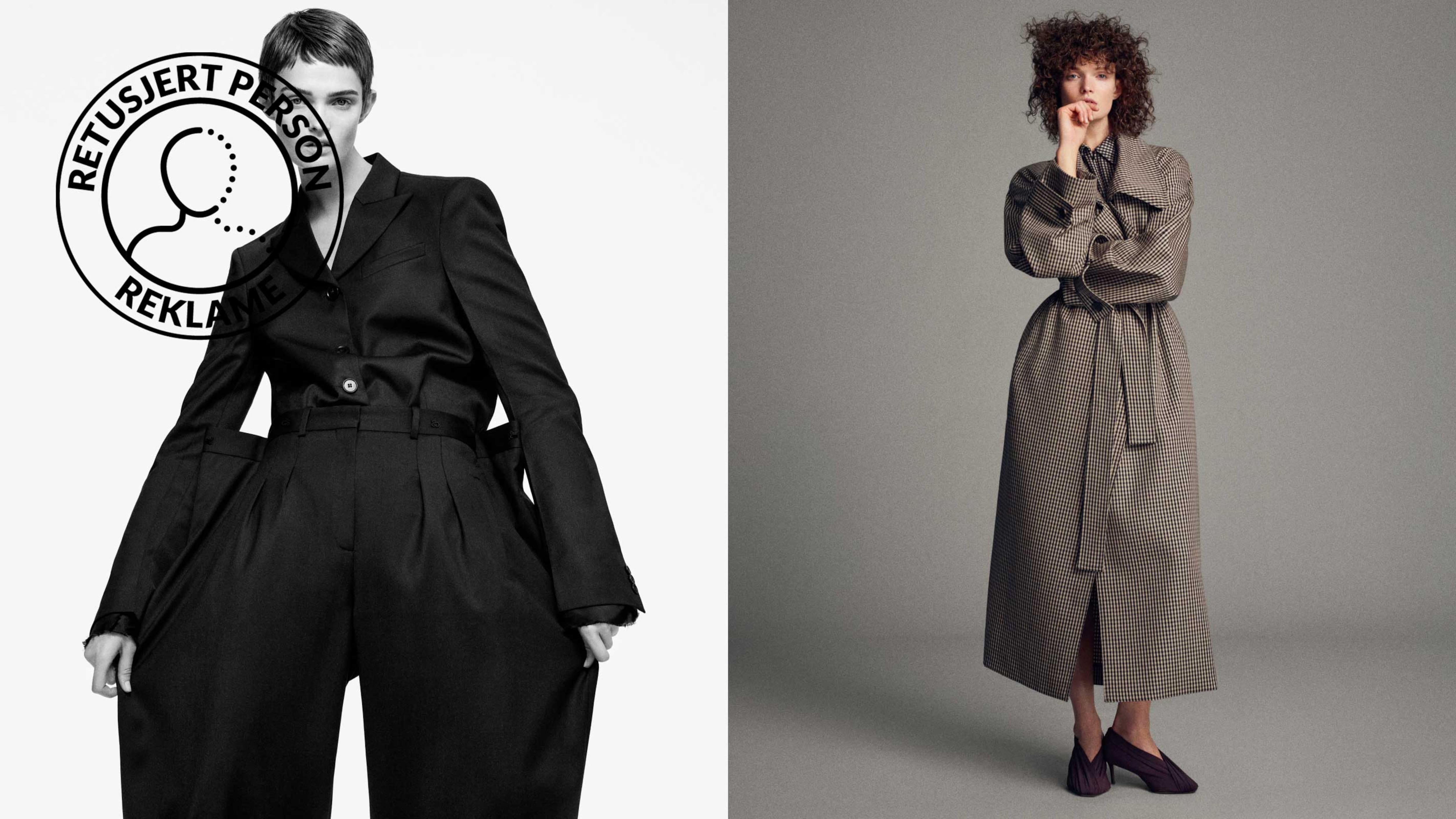  En modell sitter iført en burgunder asymmetrisk kjole med cut-out-detaljer på skuldrene. Stylet med minimalistiske høyhælte sko og fotografert mot en nøytral studiobakgrunn.  To modeller kledd i stiler fra H&M Studio SS26-kolleksjonen: Den ene har på seg en minimalistisk sort blazer med vide bukser, mens den andre bærer en brun rutete jakke stylet over et midiskjørt i samme tone, kombinert med mørke sko. Fotografert mot en nøytral studiobakgrunn.