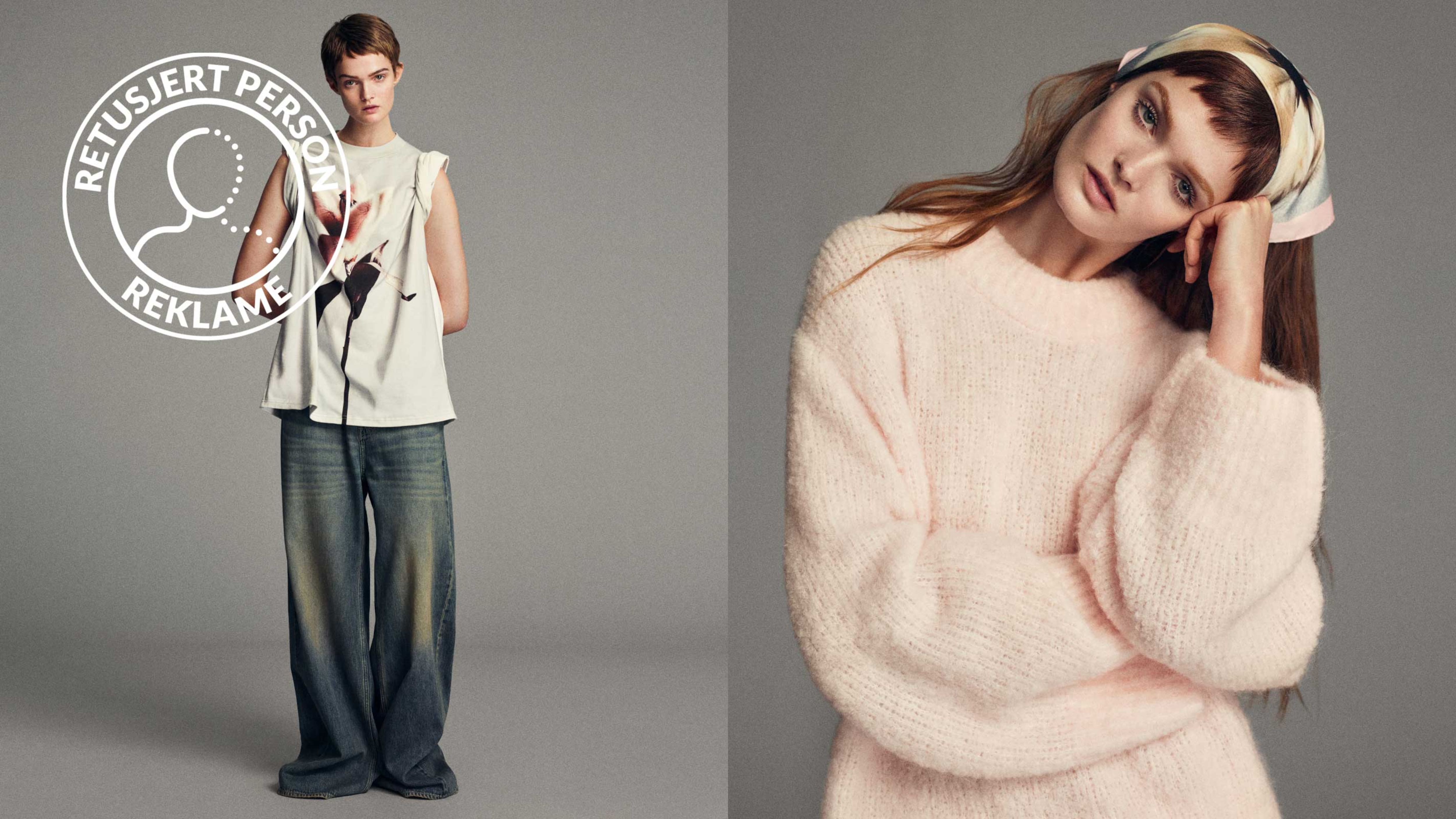   Nærbilde av en modell i en myk, lyserosa strikkegenser med matchende skjerf, fotografert mot en nøytral studiobakgrunn.  En modell kledd i en ermeløs hvit topp med abstrakt blomsterprint og vide jeans. Ved siden av et nærbilde av en modell i en myk, lyserosa strikkegenser med skjerf i samme tone, fotografert mot en nøytral studiobakgrunn.