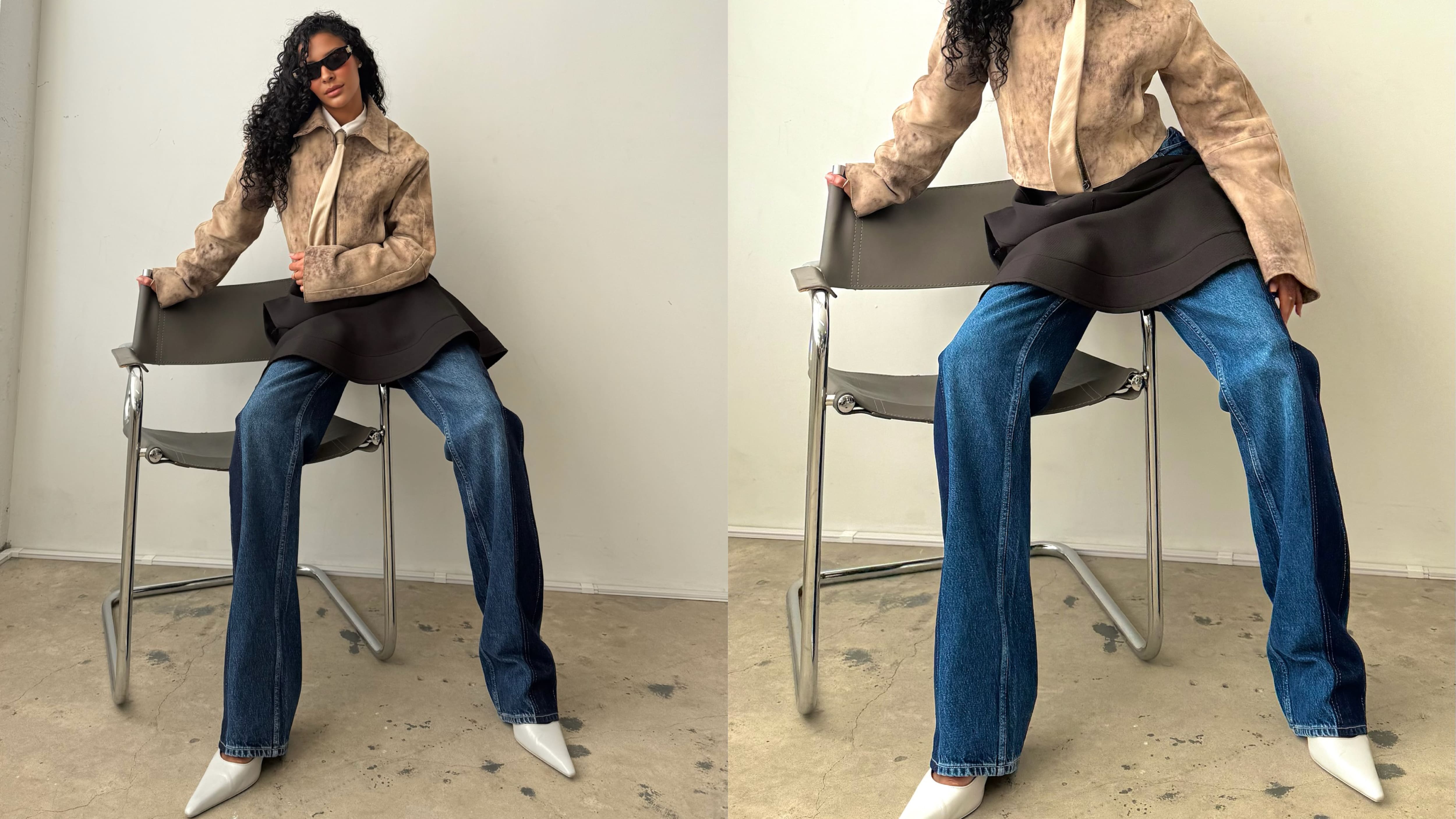 Model wearing a leather jacket and denim